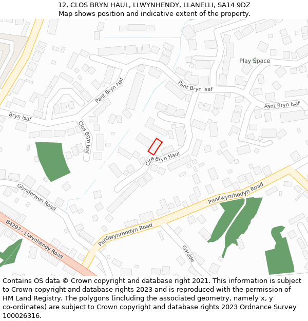 12, CLOS BRYN HAUL, LLWYNHENDY, LLANELLI, SA14 9DZ: Location map and indicative extent of plot