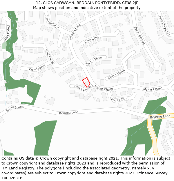 12, CLOS CADWGAN, BEDDAU, PONTYPRIDD, CF38 2JP: Location map and indicative extent of plot