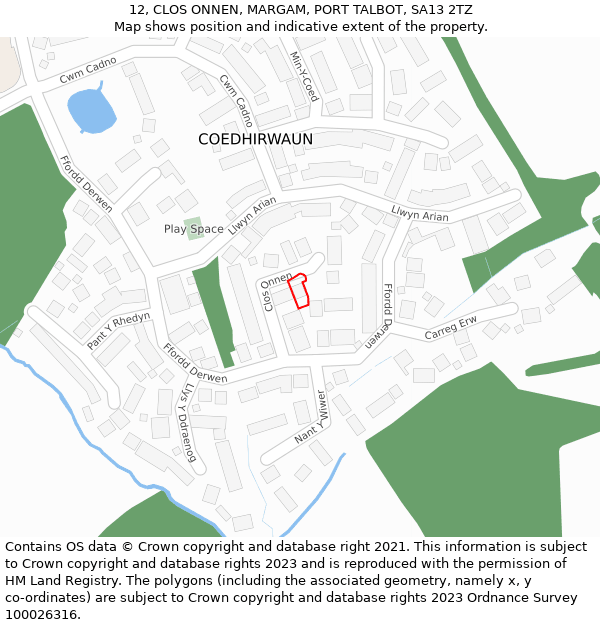 12, CLOS ONNEN, MARGAM, PORT TALBOT, SA13 2TZ: Location map and indicative extent of plot