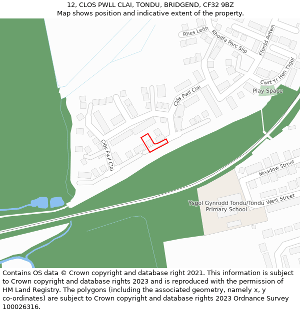 12, CLOS PWLL CLAI, TONDU, BRIDGEND, CF32 9BZ: Location map and indicative extent of plot