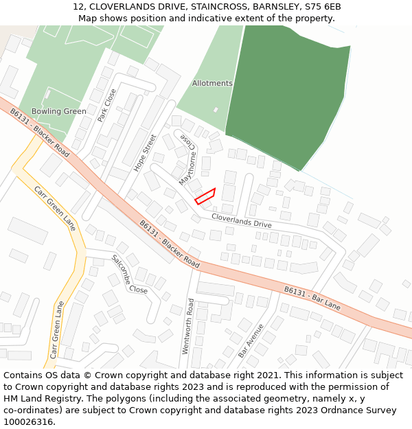 12, CLOVERLANDS DRIVE, STAINCROSS, BARNSLEY, S75 6EB: Location map and indicative extent of plot