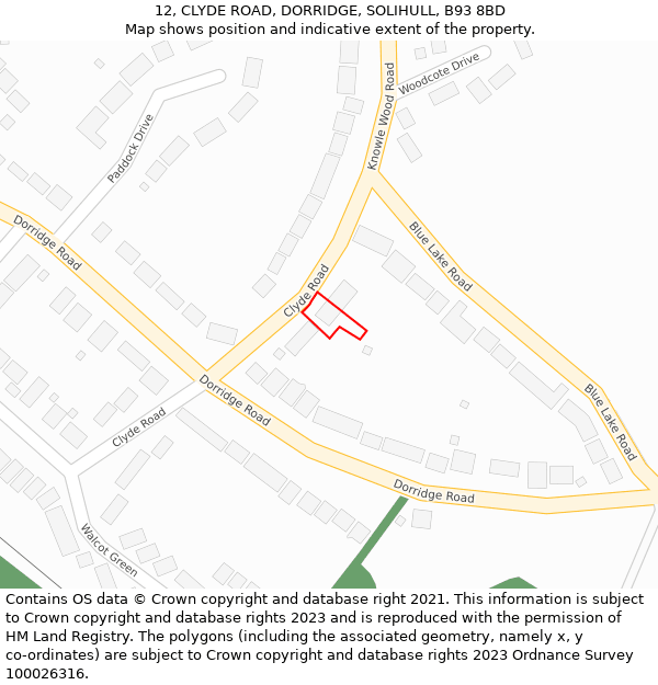 12, CLYDE ROAD, DORRIDGE, SOLIHULL, B93 8BD: Location map and indicative extent of plot