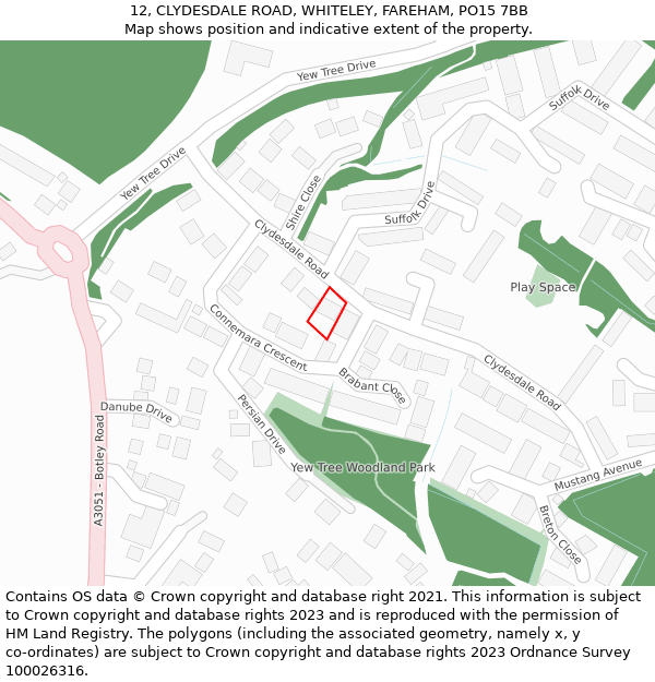 12, CLYDESDALE ROAD, WHITELEY, FAREHAM, PO15 7BB: Location map and indicative extent of plot