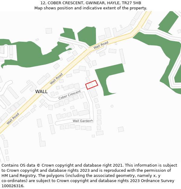 12, COBER CRESCENT, GWINEAR, HAYLE, TR27 5HB: Location map and indicative extent of plot