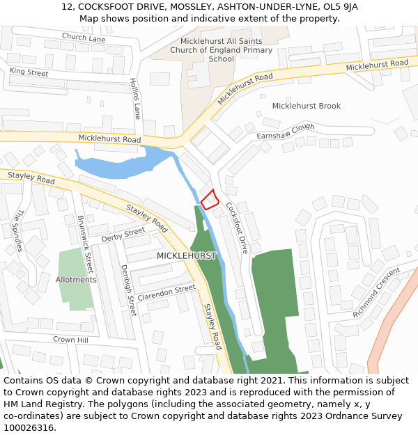 12, COCKSFOOT DRIVE, MOSSLEY, ASHTON-UNDER-LYNE, OL5 9JA: Location map and indicative extent of plot