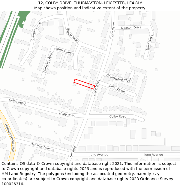 12, COLBY DRIVE, THURMASTON, LEICESTER, LE4 8LA: Location map and indicative extent of plot