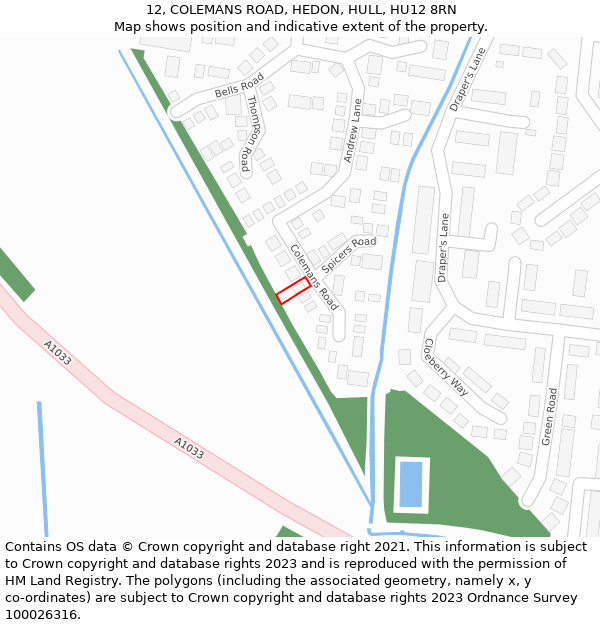 12, COLEMANS ROAD, HEDON, HULL, HU12 8RN: Location map and indicative extent of plot