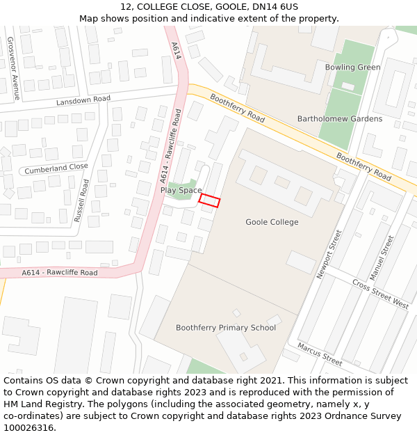 12, COLLEGE CLOSE, GOOLE, DN14 6US: Location map and indicative extent of plot