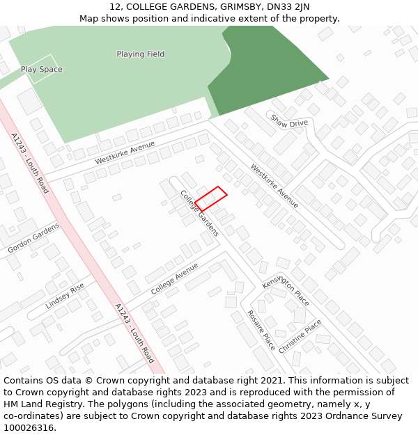 12, COLLEGE GARDENS, GRIMSBY, DN33 2JN: Location map and indicative extent of plot