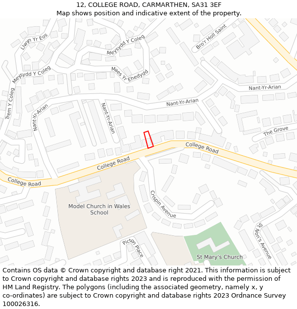 12, COLLEGE ROAD, CARMARTHEN, SA31 3EF: Location map and indicative extent of plot