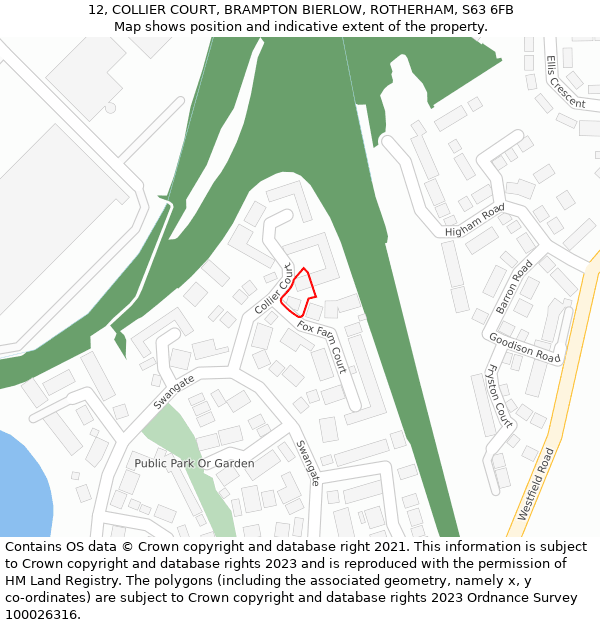 12, COLLIER COURT, BRAMPTON BIERLOW, ROTHERHAM, S63 6FB: Location map and indicative extent of plot