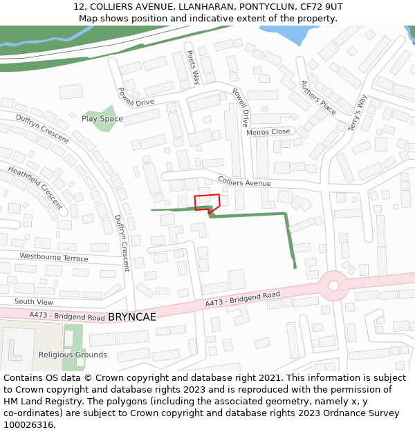 12, COLLIERS AVENUE, LLANHARAN, PONTYCLUN, CF72 9UT: Location map and indicative extent of plot