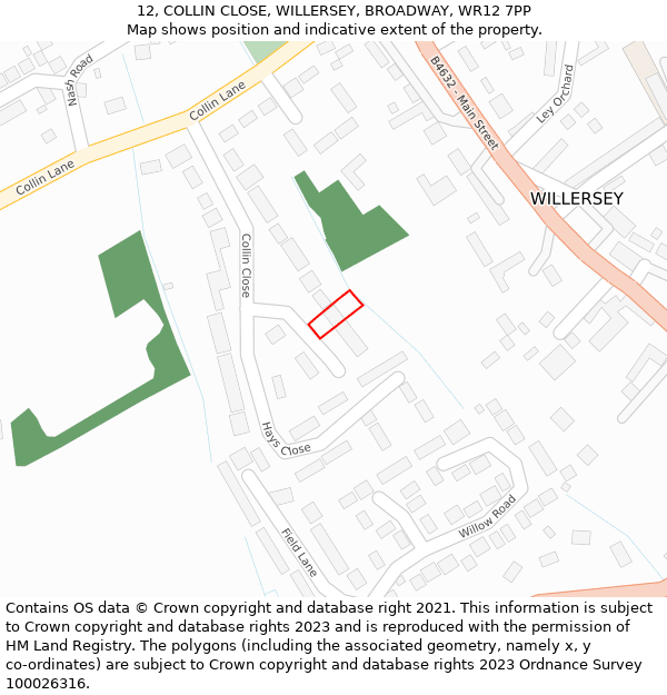 12, COLLIN CLOSE, WILLERSEY, BROADWAY, WR12 7PP: Location map and indicative extent of plot