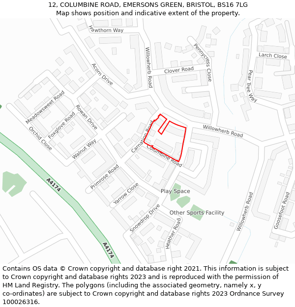 12, COLUMBINE ROAD, EMERSONS GREEN, BRISTOL, BS16 7LG: Location map and indicative extent of plot