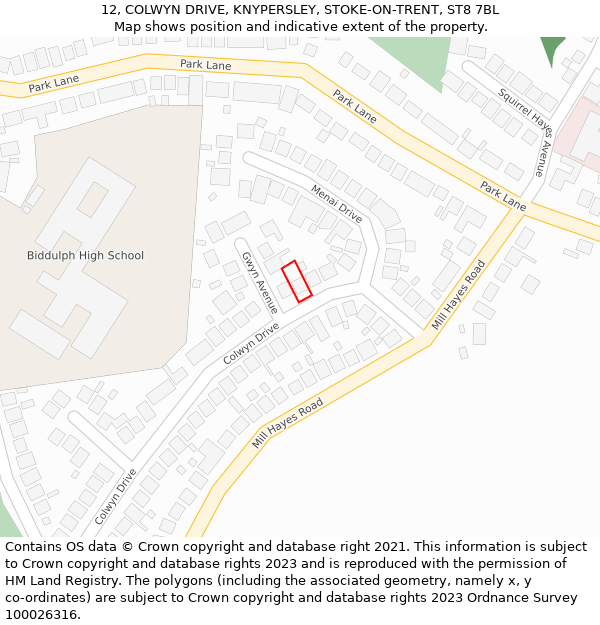 12, COLWYN DRIVE, KNYPERSLEY, STOKE-ON-TRENT, ST8 7BL: Location map and indicative extent of plot