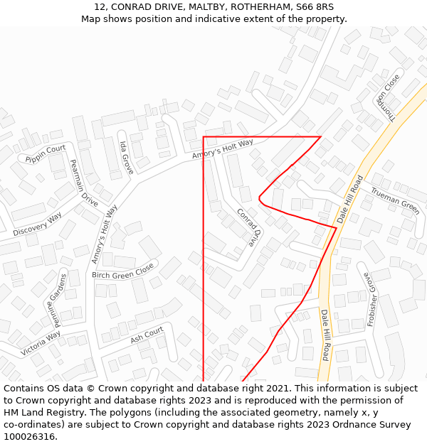 12, CONRAD DRIVE, MALTBY, ROTHERHAM, S66 8RS: Location map and indicative extent of plot