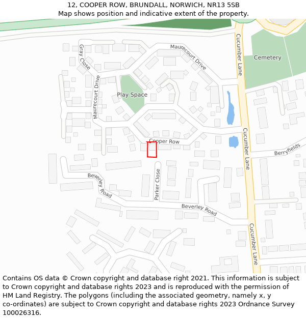 12, COOPER ROW, BRUNDALL, NORWICH, NR13 5SB: Location map and indicative extent of plot