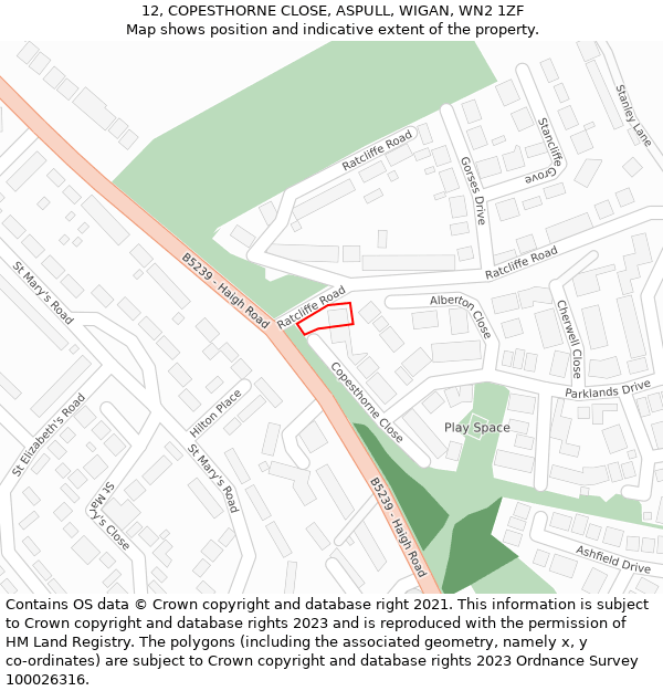 12, COPESTHORNE CLOSE, ASPULL, WIGAN, WN2 1ZF: Location map and indicative extent of plot