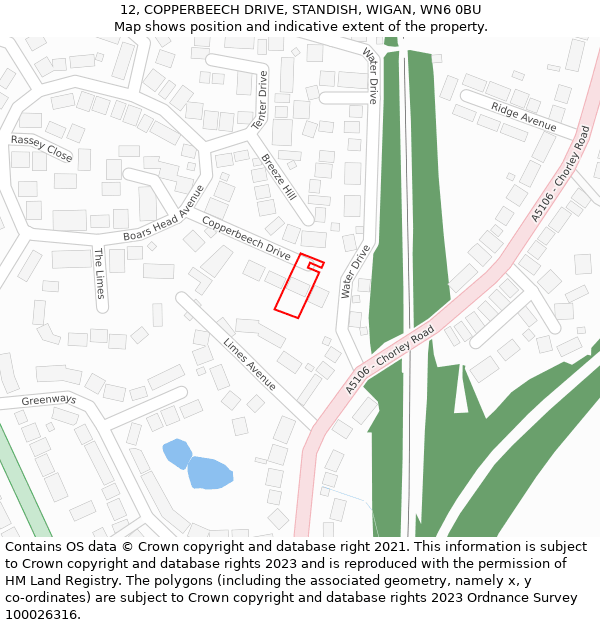 12, COPPERBEECH DRIVE, STANDISH, WIGAN, WN6 0BU: Location map and indicative extent of plot