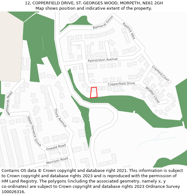 12, COPPERFIELD DRIVE, ST. GEORGES WOOD, MORPETH, NE61 2GH: Location map and indicative extent of plot