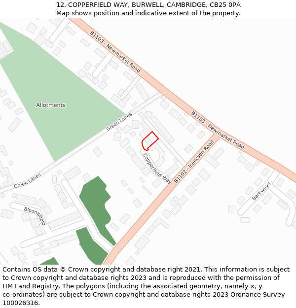 12, COPPERFIELD WAY, BURWELL, CAMBRIDGE, CB25 0PA: Location map and indicative extent of plot