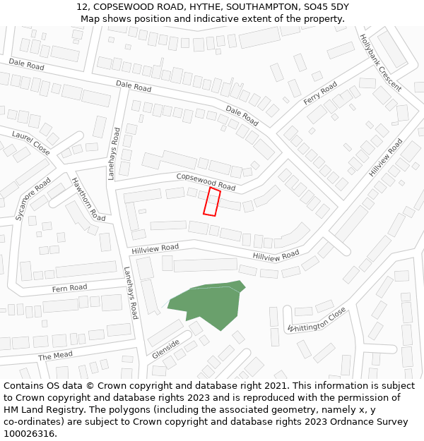 12, COPSEWOOD ROAD, HYTHE, SOUTHAMPTON, SO45 5DY: Location map and indicative extent of plot