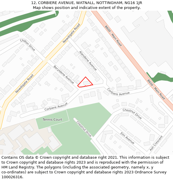 12, CORBIERE AVENUE, WATNALL, NOTTINGHAM, NG16 1JR: Location map and indicative extent of plot