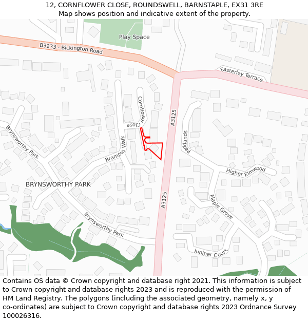 12, CORNFLOWER CLOSE, ROUNDSWELL, BARNSTAPLE, EX31 3RE: Location map and indicative extent of plot