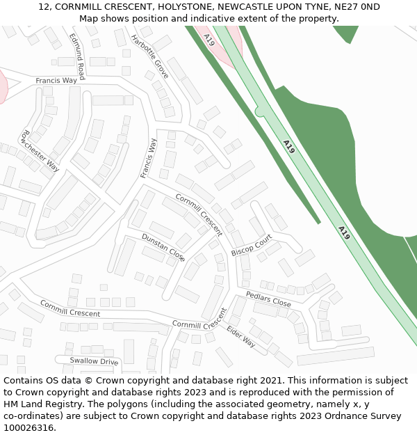 12, CORNMILL CRESCENT, HOLYSTONE, NEWCASTLE UPON TYNE, NE27 0ND: Location map and indicative extent of plot