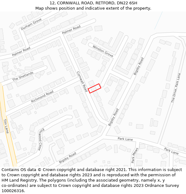 12, CORNWALL ROAD, RETFORD, DN22 6SH: Location map and indicative extent of plot