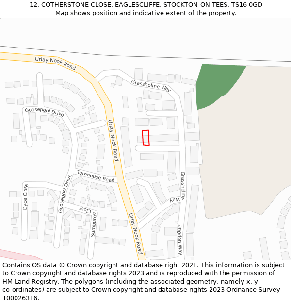 12, COTHERSTONE CLOSE, EAGLESCLIFFE, STOCKTON-ON-TEES, TS16 0GD: Location map and indicative extent of plot