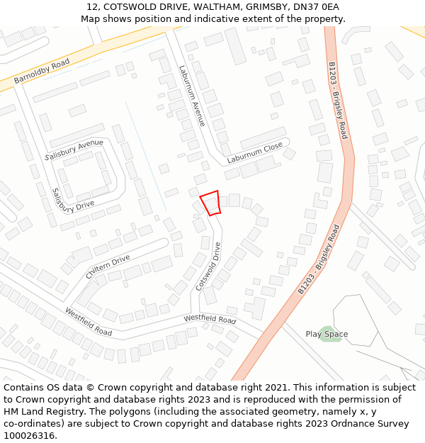 12, COTSWOLD DRIVE, WALTHAM, GRIMSBY, DN37 0EA: Location map and indicative extent of plot