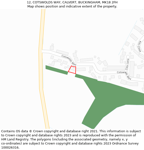 12, COTSWOLDS WAY, CALVERT, BUCKINGHAM, MK18 2FH: Location map and indicative extent of plot