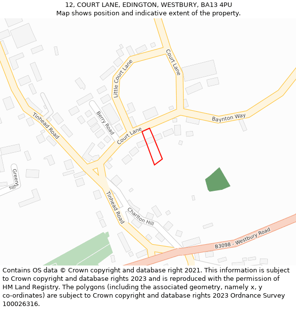 12, COURT LANE, EDINGTON, WESTBURY, BA13 4PU: Location map and indicative extent of plot