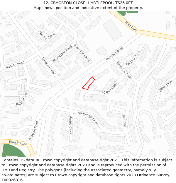 12, CRAGSTON CLOSE, HARTLEPOOL, TS26 0ET: Location map and indicative extent of plot