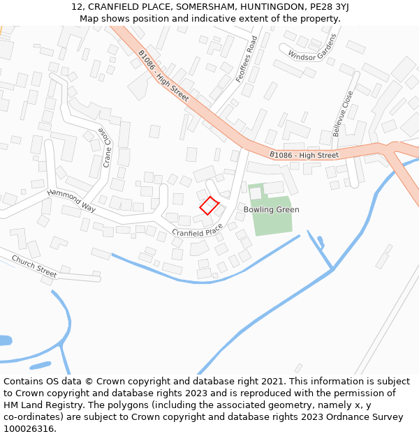 12, CRANFIELD PLACE, SOMERSHAM, HUNTINGDON, PE28 3YJ: Location map and indicative extent of plot