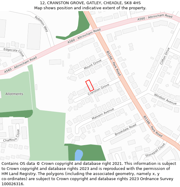 12, CRANSTON GROVE, GATLEY, CHEADLE, SK8 4HS: Location map and indicative extent of plot