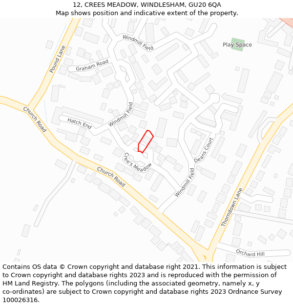 12, CREES MEADOW, WINDLESHAM, GU20 6QA: Location map and indicative extent of plot