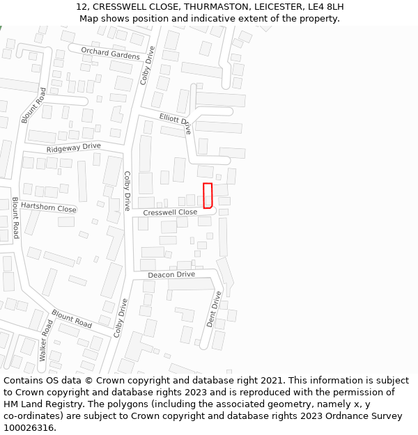 12, CRESSWELL CLOSE, THURMASTON, LEICESTER, LE4 8LH: Location map and indicative extent of plot