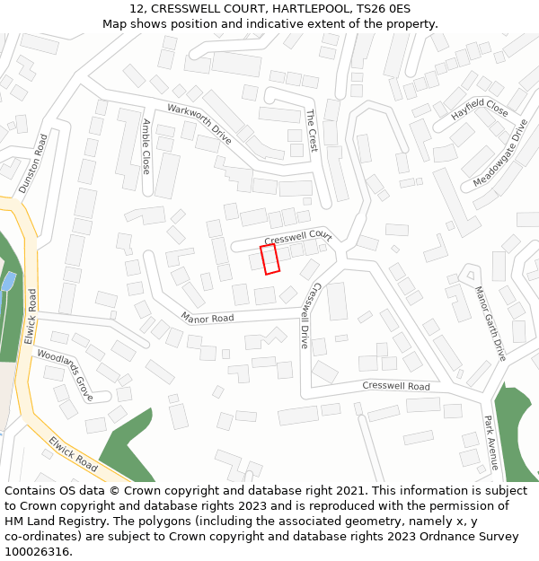 12, CRESSWELL COURT, HARTLEPOOL, TS26 0ES: Location map and indicative extent of plot