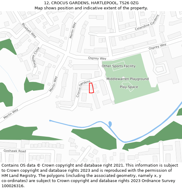 12, CROCUS GARDENS, HARTLEPOOL, TS26 0ZG: Location map and indicative extent of plot