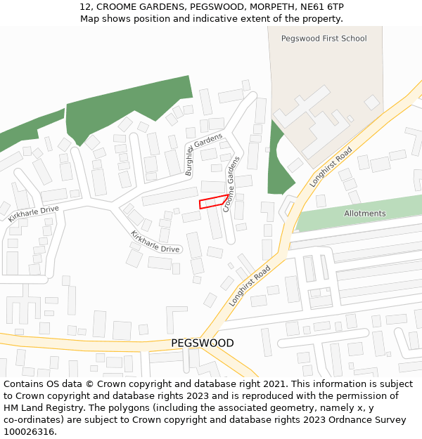 12, CROOME GARDENS, PEGSWOOD, MORPETH, NE61 6TP: Location map and indicative extent of plot