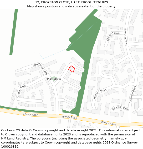 12, CROPSTON CLOSE, HARTLEPOOL, TS26 0ZS: Location map and indicative extent of plot