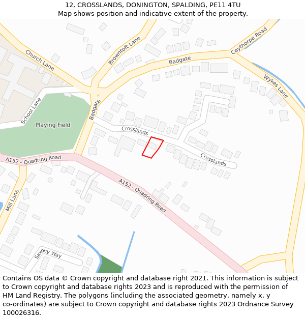 12, CROSSLANDS, DONINGTON, SPALDING, PE11 4TU: Location map and indicative extent of plot