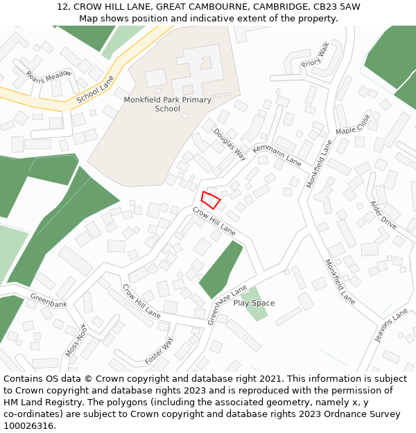 12, CROW HILL LANE, GREAT CAMBOURNE, CAMBRIDGE, CB23 5AW: Location map and indicative extent of plot