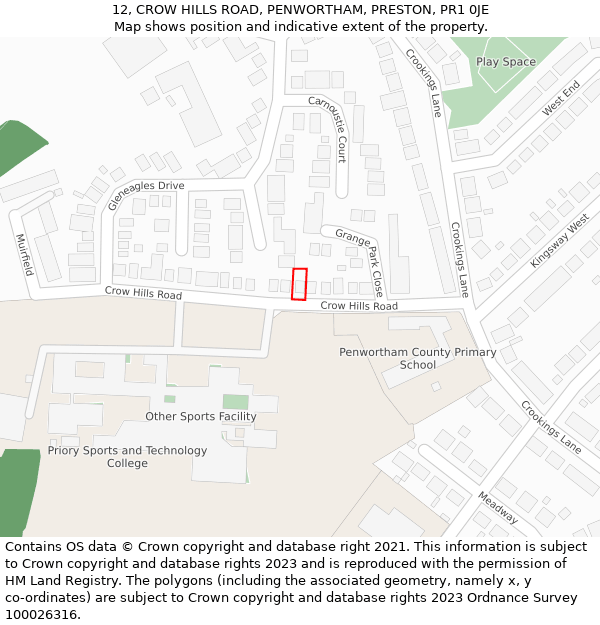 12, CROW HILLS ROAD, PENWORTHAM, PRESTON, PR1 0JE: Location map and indicative extent of plot