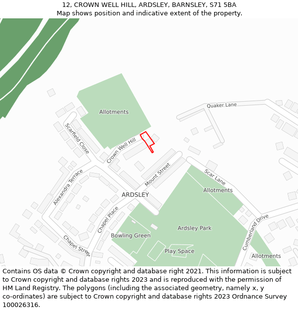 12, CROWN WELL HILL, ARDSLEY, BARNSLEY, S71 5BA: Location map and indicative extent of plot