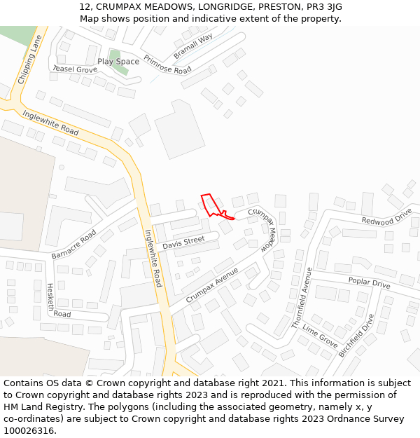 12, CRUMPAX MEADOWS, LONGRIDGE, PRESTON, PR3 3JG: Location map and indicative extent of plot
