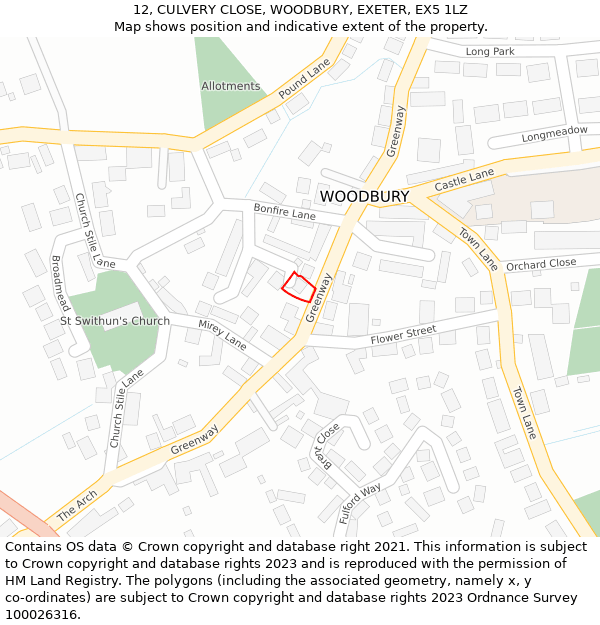 12, CULVERY CLOSE, WOODBURY, EXETER, EX5 1LZ: Location map and indicative extent of plot