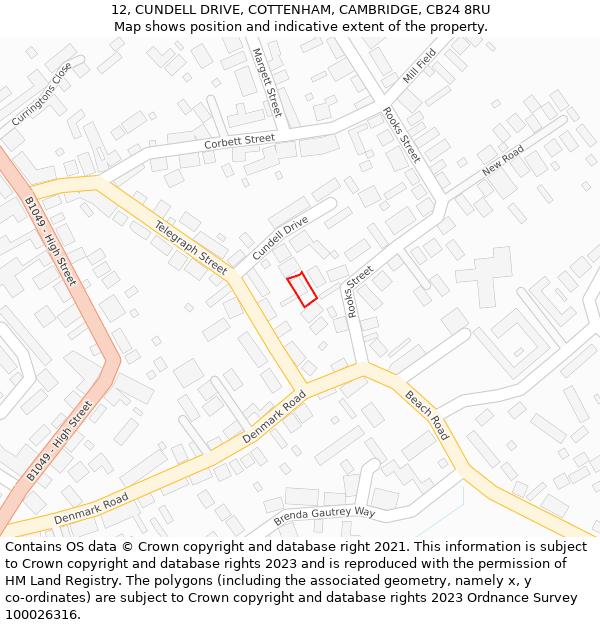 12, CUNDELL DRIVE, COTTENHAM, CAMBRIDGE, CB24 8RU: Location map and indicative extent of plot